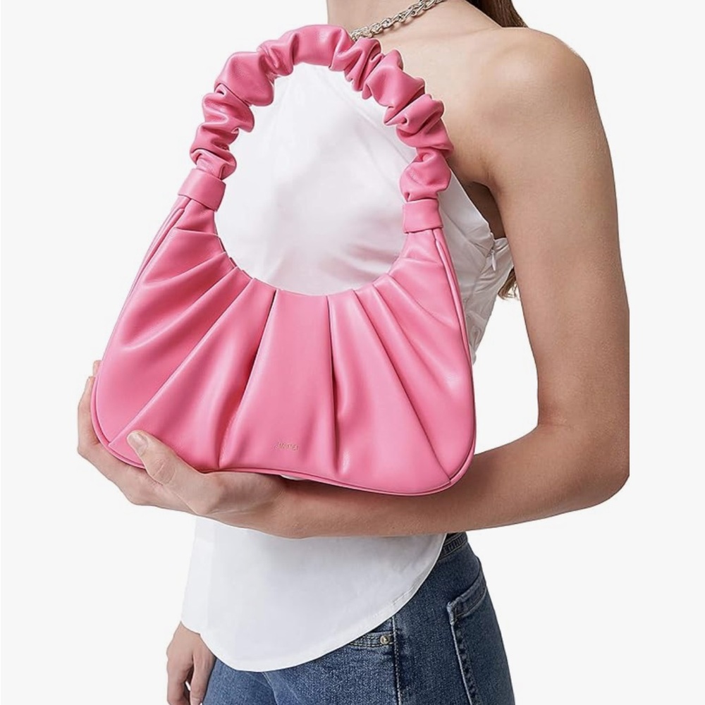 Pink Ruched Women's Handbag - Pink pleated faux leather bag with ruched handle